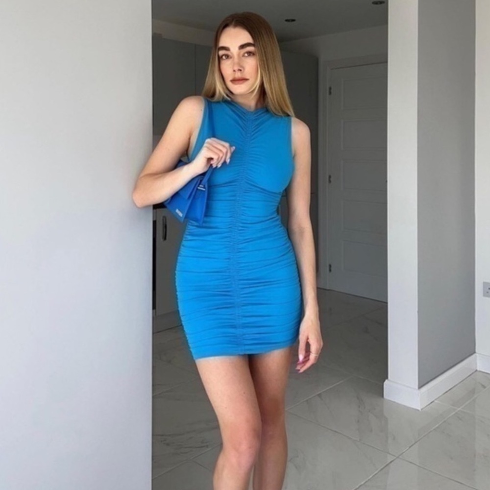 Zara Blue Ruched Mini Dress - Picture 2 of 9